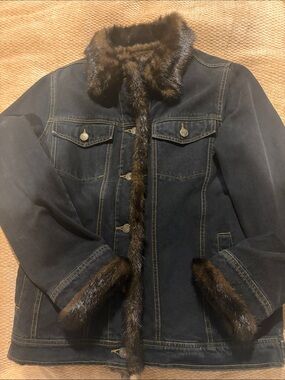 Dennis Basso Denim Jean Jacket with Brown Faux Fur Trim and removable fur liner